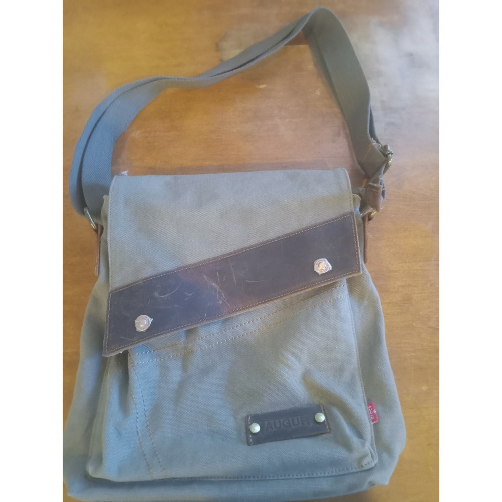 Augur Messenger Bag Sage Green Canvas Brown Leather Trim Crossbody Satchel Large